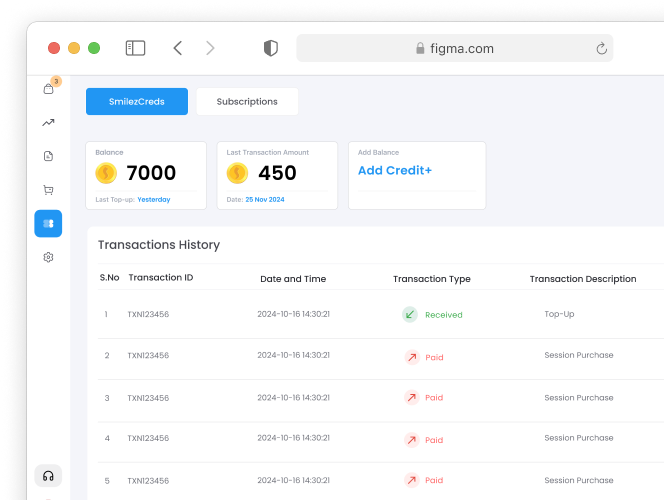 SmilezCreds dashboard — balance, transactions and Add Credit