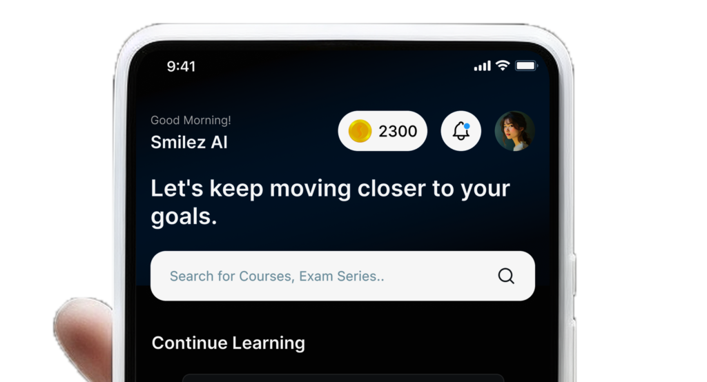 Smilez AI app — Good Morning dashboard with goals, coins and study streaks